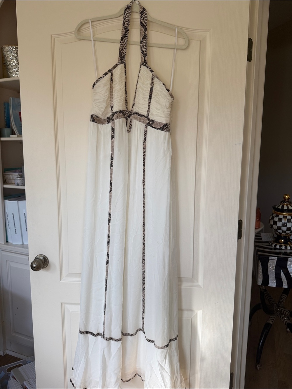 Diane Von Furstenberg 100% Silk White Halter Maxi Dress with Snake-Print Trim